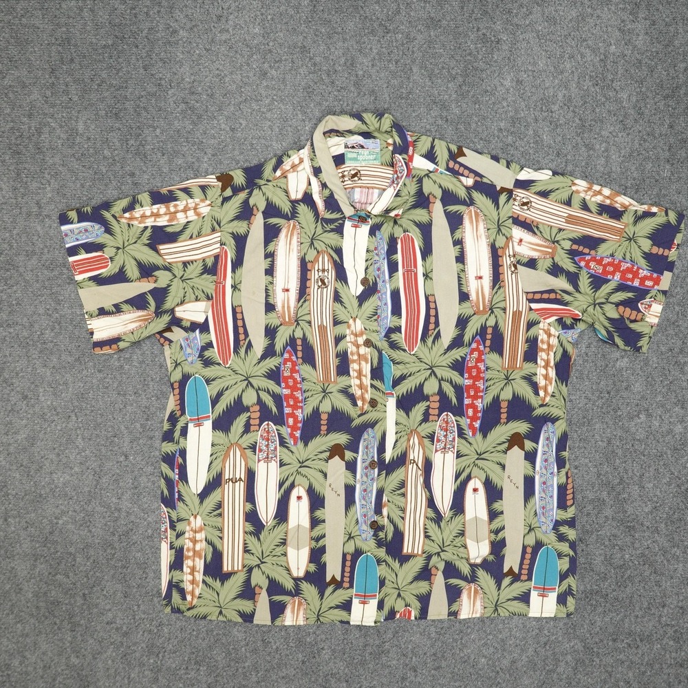 Reyn Spooner Shirt Mens Large Surfer Hawaiian Button‎ Up Camp Palm Tree Resort